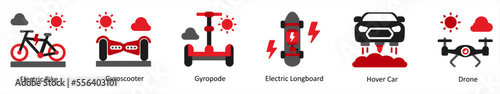 Six Technology Red and Black icons as electric bike, gyroscooter, gyropode