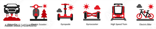 Six Technology Red and Black icons as hover car, electric scooter, gyropode