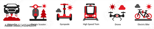 Fotografia Six Technology Red and Black icons as hover car, electric scooter, gyropode