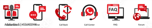 Six Customer Support Red and Black Icons as consultant, chat, call back