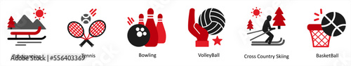 Six Sports Red and Black icons as toboganning, tennis, bowling