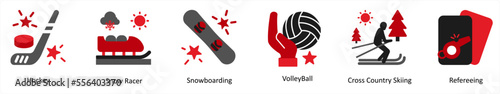 Six Sports Red and Black icons as hockey, snow racer, snow boarding