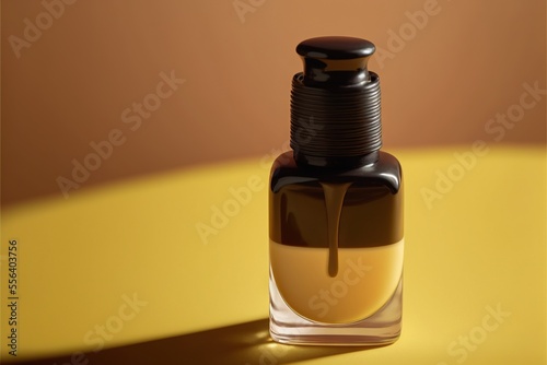  a bottle of liquid sitting on a yellow surface with a brown background and a shadow of a bottle of liquid. Generative AI