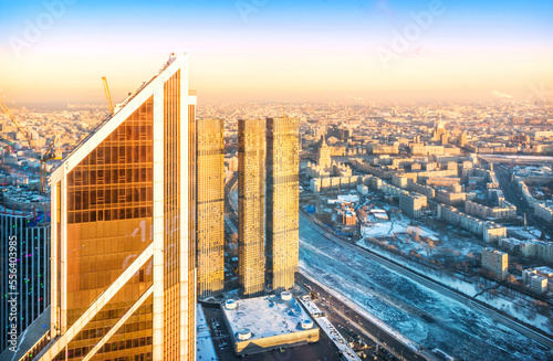 View of the city from the observation deck Panorama 360 to the Hotel Ukraine, the Ministry of Foreign Affairs and skyscrapers, Moscow City Federation Tower, Moscow