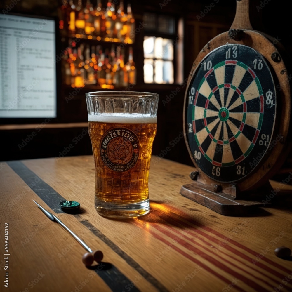 a glass of beer sitting on top of a table next to a dart and darts on a  board in a pub. Generative AI Stock Illustration | Adobe Stock