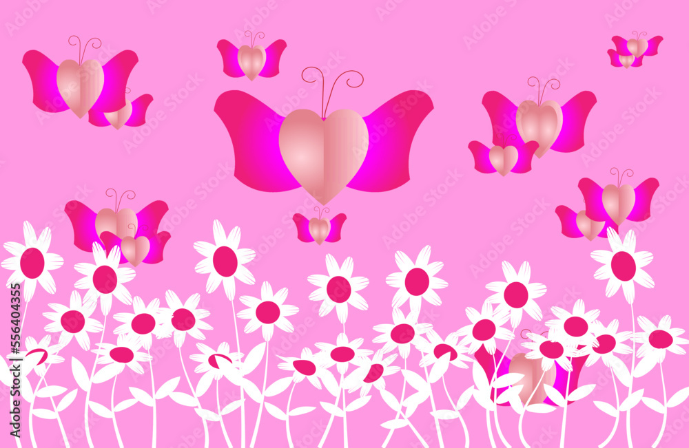 pink background with Heart Butterfly and flowers