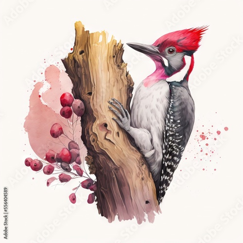  a bird with a red head is perched on a tree branch with berries around it and a branch with berries around it. Generative AI photo