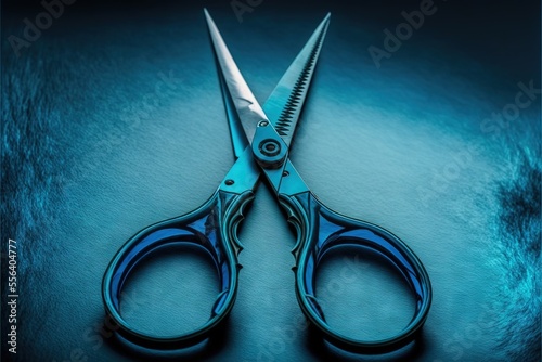  a pair of scissors sitting on top of a blue surface with a black handle and a black tip on the end. Generative AI photo