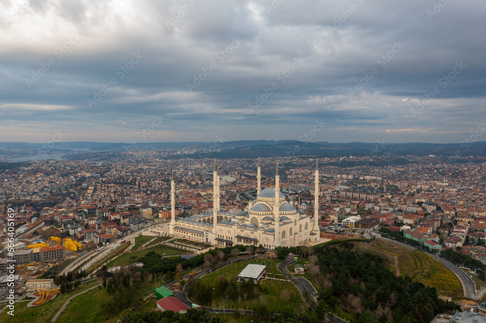Aerial view of Istanbul and Camlica Mosque. Çamlıca is the most beautiful hill in Istanbul. The biggest building of this hill is the Camlica Mosque at day in Istanbul Turkey camlica camii