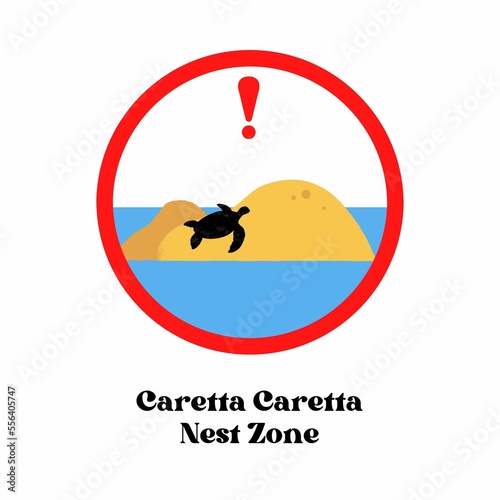 Caretta caretta nest zone warning alert beach sand dunes sea turtle eggs protection sign