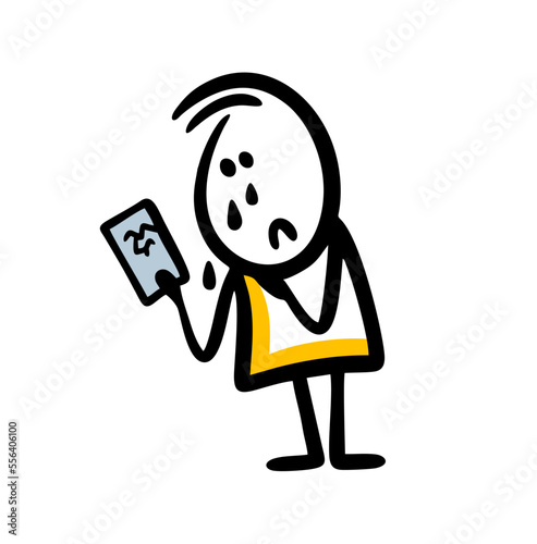 Doodle stickman holds a mobile phone with a crack on the glass in his hand and cries.