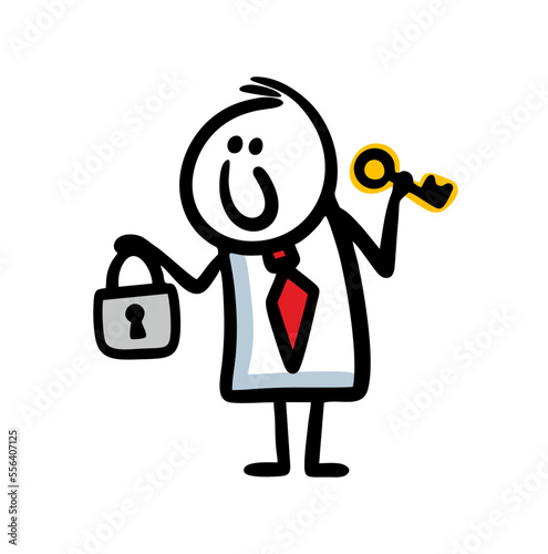 Hand drawn young businessman in an office suit holds a golden key and lock in his hand.