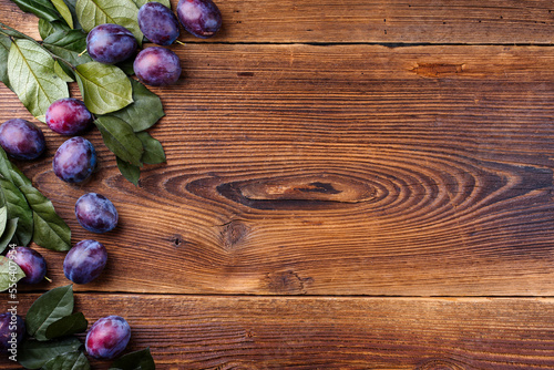 Freshly harvested ripe plums with green leaves border a text free space right on weathered wood boards as background