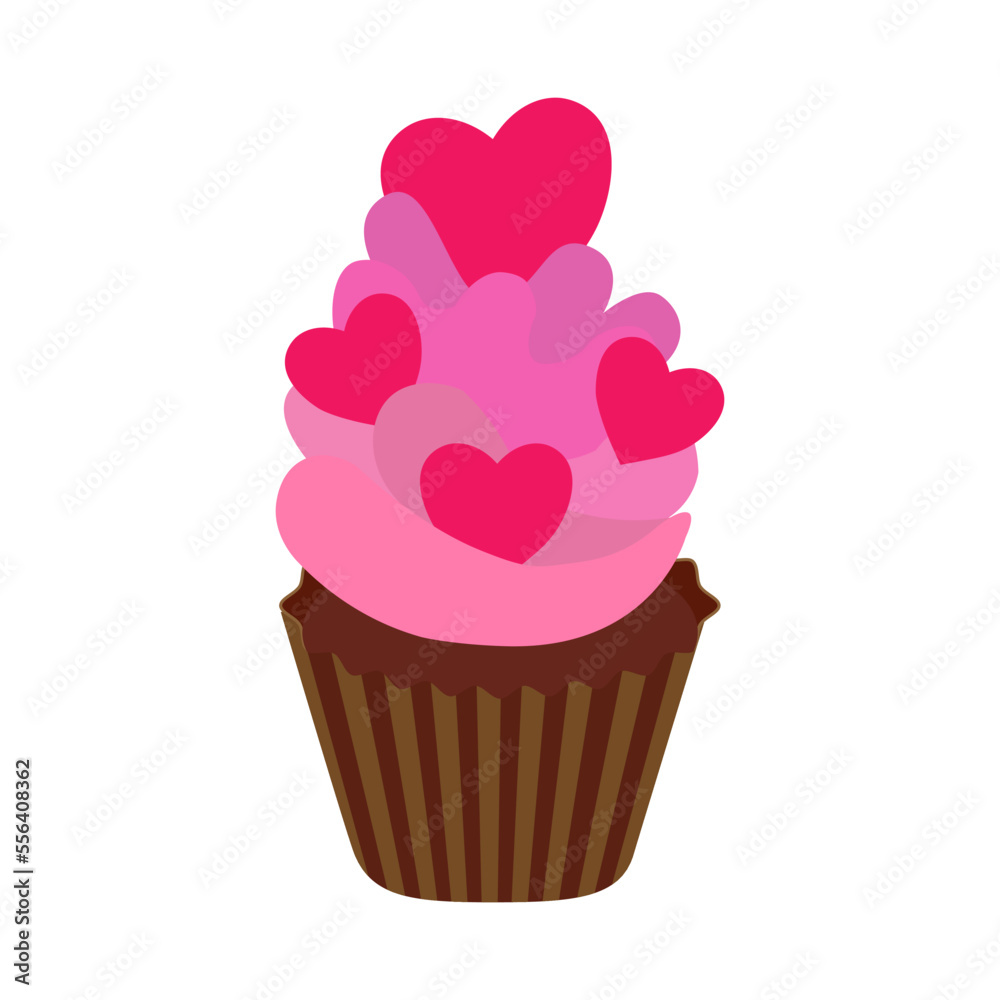 Vector image of a cupcake, muffin with pink cream and hearts close-up on a white background. Graphic design.