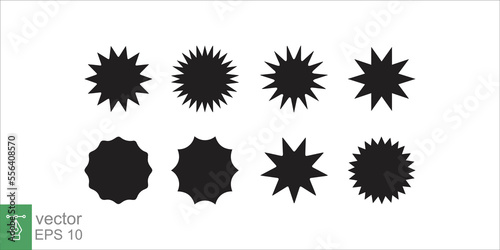 Set of vector starburst icons. Black round, circle sunburst badges on white background. Simple flat style vintage labels. Sale, promo stickers. EPS 10.
