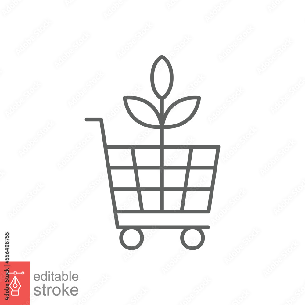 Bio, eco shop icon. Simple outline style. Plant seeds seedling trolley cart shopping, green leaf, nature concept. Thin line vector illustration isolated on white background. Editable stroke EPS 10. Bio, eco shop icon. Simple outline style. Plant seeds seedling trolley cart shopping, green leaf, nature concept. Thin line vector illustration isolated on white background. Editable stroke EPS 10.