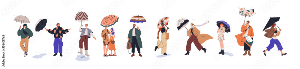 People walking with umbrellas in rainy weather. Men, women set holding parasols in warm and cold rain, shower. Characters on street in downpour. Flat vector illustration isolated on white background