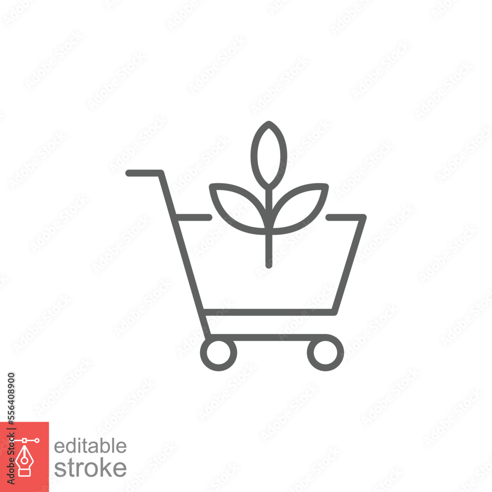 Bio, eco shop icon. Simple outline style. Plant seeds seedling trolley cart shopping, green leaf, nature concept. Thin line vector illustration isolated on white background. Editable stroke EPS 10. Bio, eco shop icon. Simple outline style. Plant seeds seedling trolley cart shopping, green leaf, nature concept. Thin line vector illustration isolated on white background. Editable stroke EPS 10.