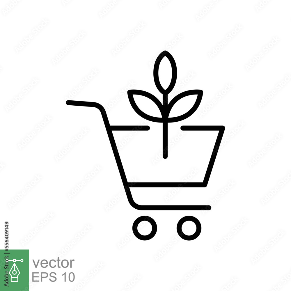 Bio, eco shop icon. Simple outline style. Plant seeds seedling trolley cart shopping, green leaf, nature concept. Thin line vector illustration isolated on white background. EPS 10. Bio, eco shop icon. Simple outline style. Plant seeds seedling trolley cart shopping, green leaf, nature concept. Thin line vector illustration isolated on white background. EPS 10.