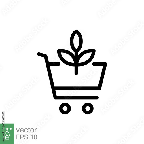 Bio, eco shop icon. Simple outline style. Plant seeds seedling trolley cart shopping, green leaf, nature concept. Thin line vector illustration isolated on white background. EPS 10.
