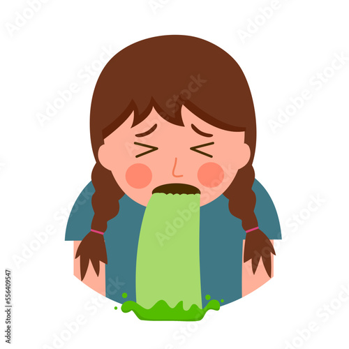 Sick kid vomiting in flat design on white background. Nausea throwing up from food poisoning or illness.
