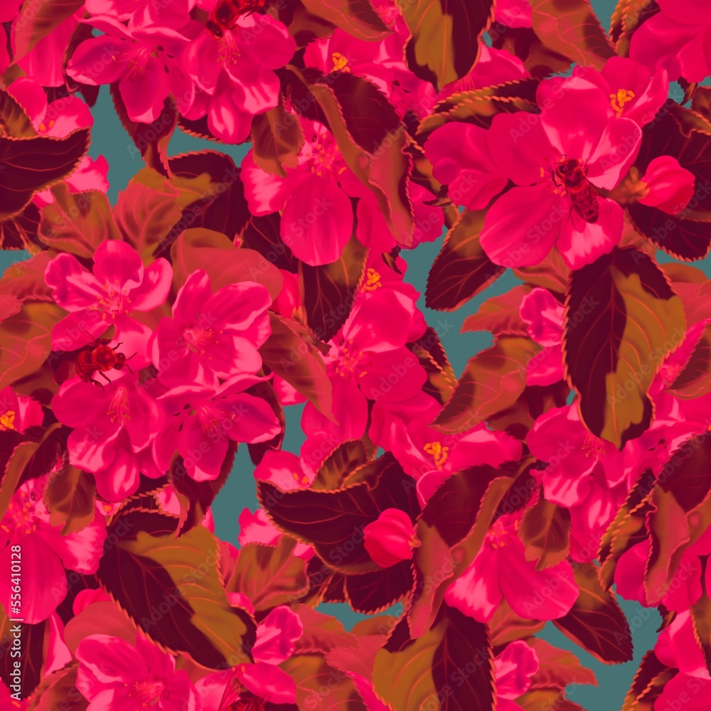 Seamless pattern Viva Magenta. Watercolor illustration of red wild flowers. Trendy color 2023. realistic digital paper