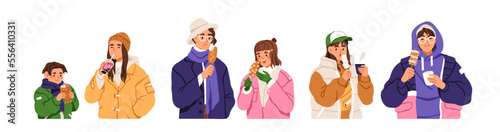 People eat Korean street food set. Characters with traditional snacks in Korea. Asian men, women with fried corn dog, hatog, fish cake. Flat graphic vector illustrations isolated on white background