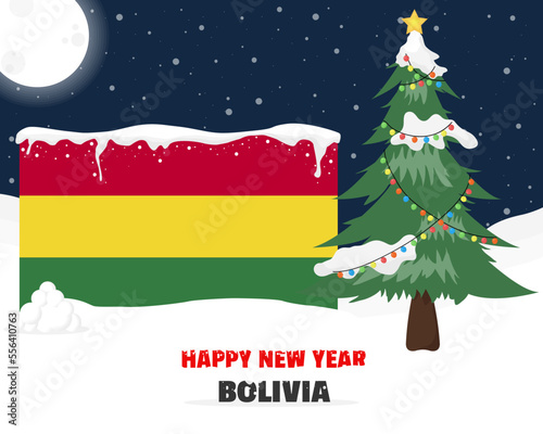 Happy new year in Bolivia with Christmas tree and snow, banner or content design idea