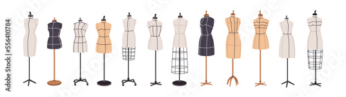 Tailors mannequins set. Sewing dummies, women torso, body for fashion design, dressmaking. Female manikins, fabric and metal figures on stands. Flat vector illustrations isolated on white background photo