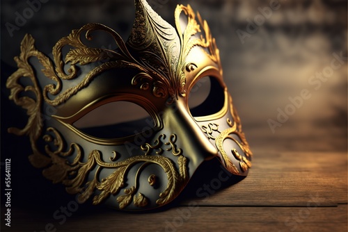 Golden Venetian Mask On Wooden Floor Generative AI