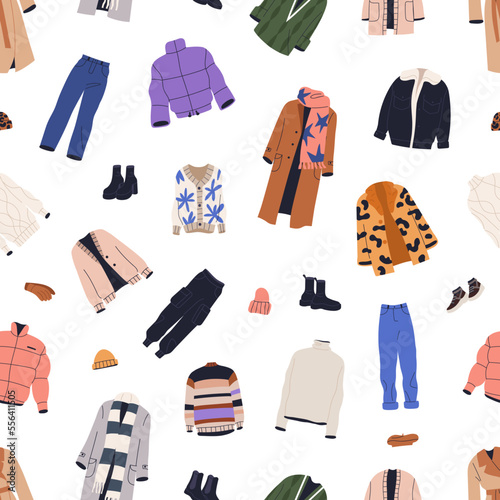 Fashion winter clothes pattern. Seamless background with warm casual apparel for cold season. Coat, scarf, jacket, sweater, hat, repeating print of autumn wardrobe. Repeatable flat vector illustration