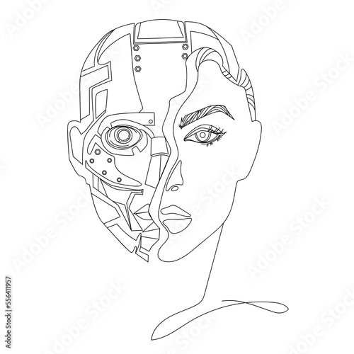 Artificial intelligence concept.Head of robot with half of female face Liner vector illustration.Future technology and machine.Electronic circuit connection.Smart cyber mind education.Black and white 