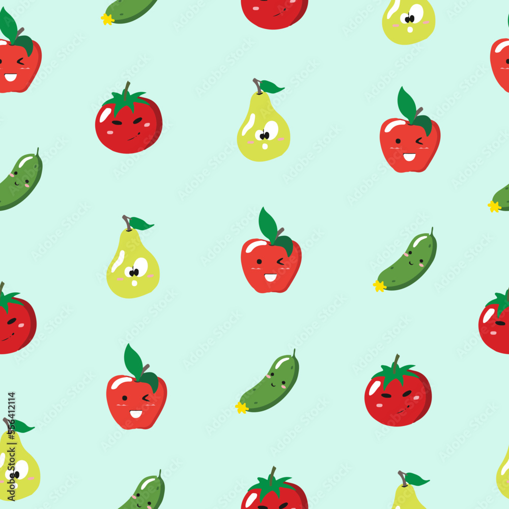 Cute seamless pattern with cartoon vegetables and fruits - apple, pear, cucumber and tomato. Cute seamless pattern with cartoon vegetables and fruits - apple, pear, cucumber and tomato.