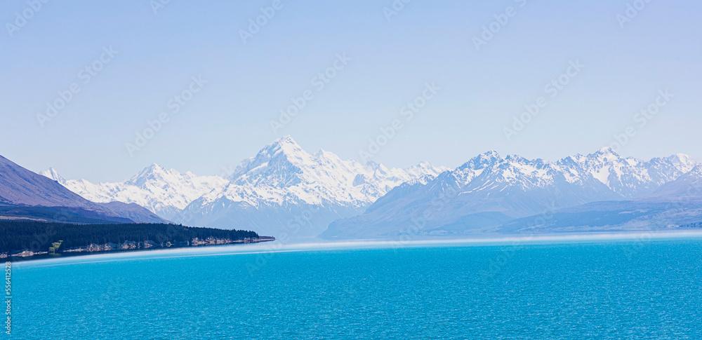 The landscape of blue sky view as lake background over Mount Cook as lake pukaki, New Zealand