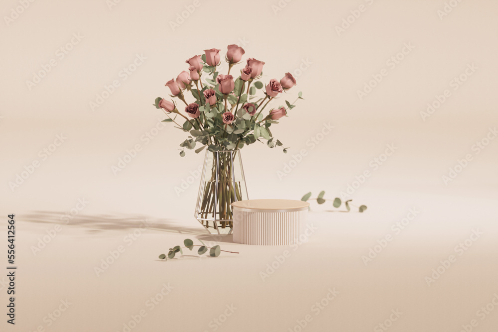 3D podium display, pastel pink background with rose flowers. White candle and palm leaf shadow. Minimal pedestal for beauty,cosmetic product. Valentine, feminine copy space template 3d render
