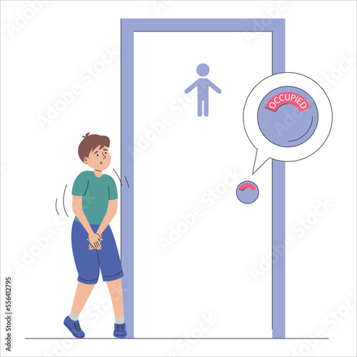 Little boy standing at the closed toilet door vector isolated. Child wants to pee. Occupied restroom. Kid with a full bladder.