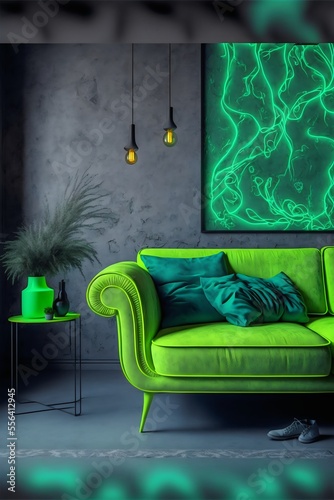 Living room neon green and black created with AI photo