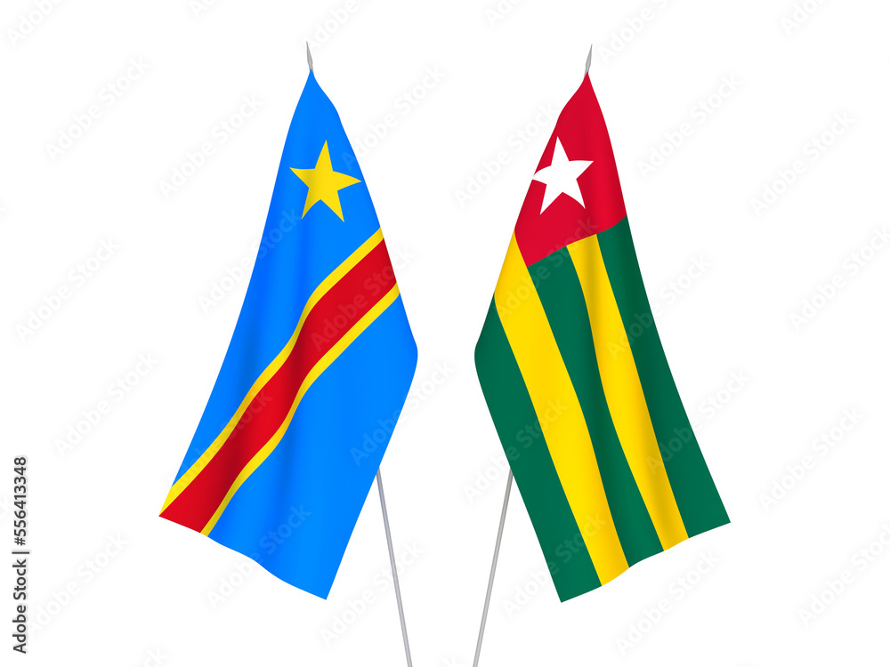 National fabric flags of Democratic Republic of the Congo and Togolese Republic isolated on white background. 3d rendering illustration.