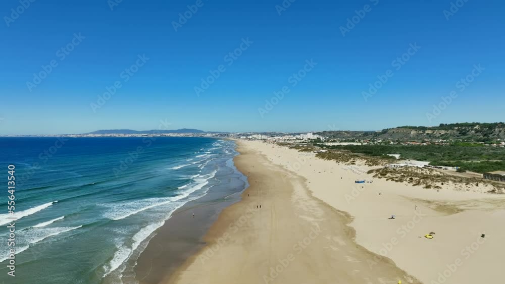 Drone flying low by the beach in Costa Da Caparica, Portugal. Drone flying low by the beach in Costa Da Caparica, Portugal.