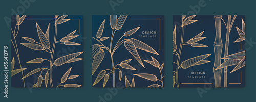 Vector set of bamboo leaves luxury line cards, golden dynamic square backgrounds, posts, design template. Art deco abstract patterns, texture for print, fabric, packaging design. Japanese style.