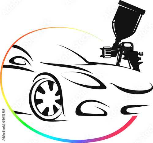Car silhouette and spray gun. Painting auto symbol for business