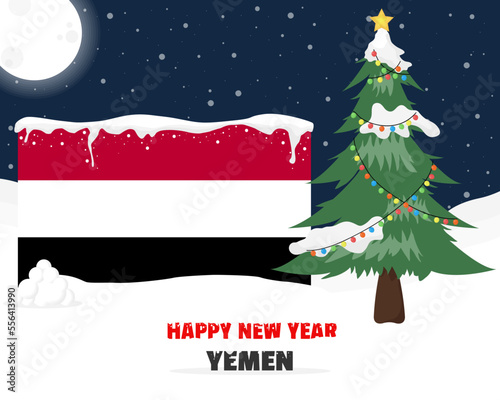 Happy new year in Yemen with Christmas tree and snow, banner or content design idea