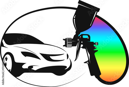Car silhouette and spray gun with paint, painting symbol