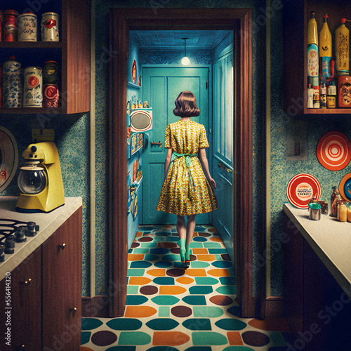 Woman in a mod retro dress and boots walking away, vintage Knick knacks and decor, granular texture illustration photo