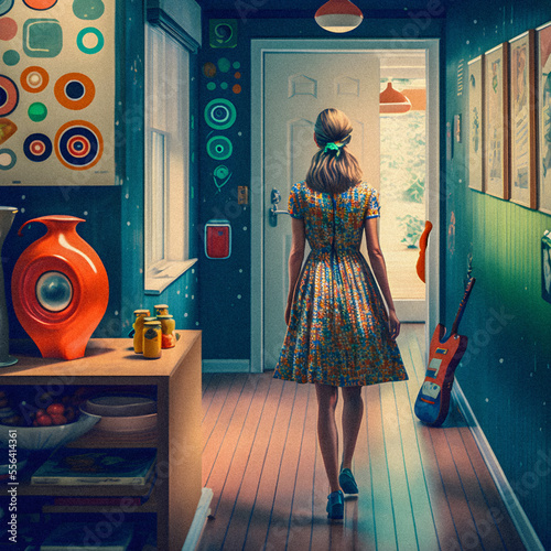 Woman in a mod retro dress and boots walking away, vintage Knick knacks and decor, granular texture illustration