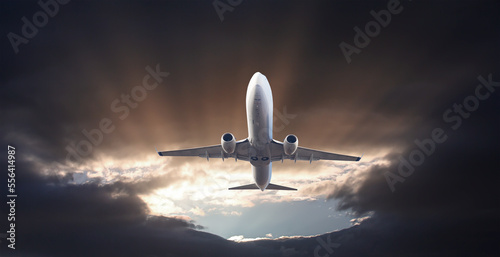 A passenger plane flying in a stormy sky and landing the storm