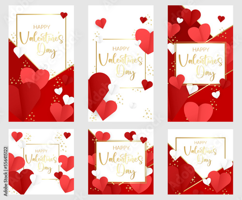 Valentine's day stories banners set. Pink, red background with flying hearts. Promo banners of Valentines day
