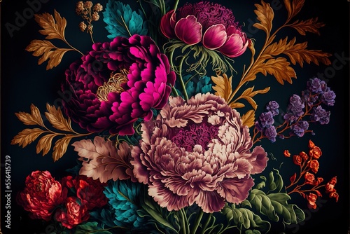 Baroque flowers in rich deep colors, peonies on dark background