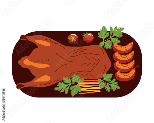 Peking duck with apples top view. Food from China. Cuisines of the world. Vector illustration isolated on a white background