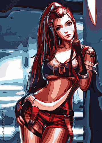 Sexy Lady Animation Illustration Poster Image, A digital illustration of a beautiful, Urban fantasy girl with magic in her hand wearing leather pants and corset